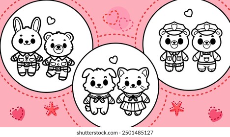 Adorable cartoon animal couples dressed in various uniforms, kawaii line art style, lovely background for Valentines, vector illustration