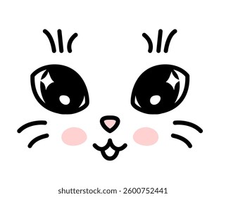 Adorable cartoon animal face with large sparkling eyes and sweet expression. Abstract feline features with blush cheeks on a white background.