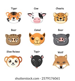 Adorable cartoon animal head icons. Cute vector set for stickers and designs