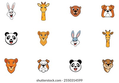 Adorable Cartoon Animal Head Vector Set Perfect for Creative Designs