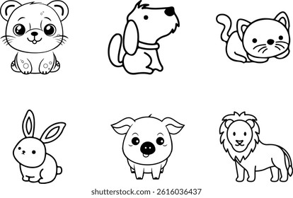 Adorable Cartoon Animal Line Art Set. Cute Outline Illustrations for Coloring and Crafts