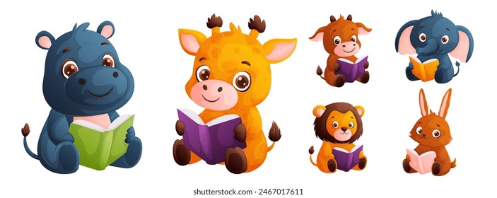 Adorables animales de dibujos animados con libros. Hipopótamo, jirafa, ternera, elefante, león y conejo, ilustración perfecta para niños libros