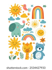 Adorable cartoon animals and cheerful nature scenes, including a cute elephant, giraffe, and bear, surrounded by happy suns, clouds, and rainbows, perfect for a nursery wall decor