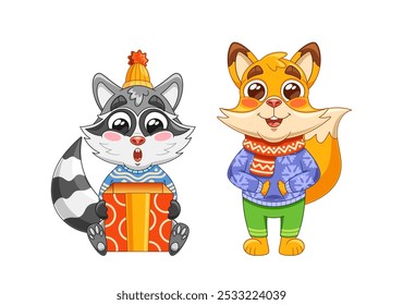 Adorable Cartoon Animals Dressed In Winter Clothes. Vector Raccoon Holds A Bright Gift Box While The Fox Smiles