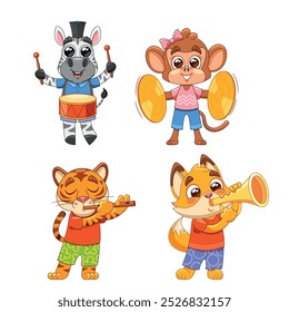 Adorable Cartoon Animals Engaging In Music Activities. Zebra Drumming, Monkey With Cymbals, Tiger Playing Flute