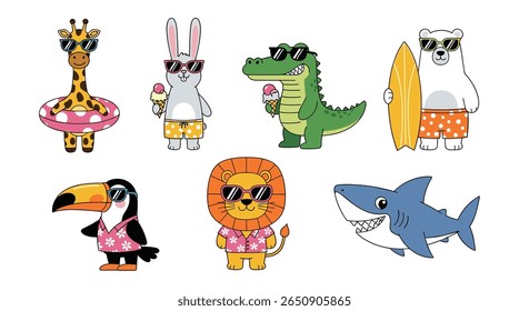 Adorable cartoon animals enjoying a fun summer vacation with ice cream and sunglasses