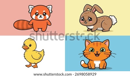 Adorable cartoon animals featuring a red panda bunny duck and cat are presented in a cute childish style with simple lines and bright colors creating a cheerful and playful mood perfect for children'