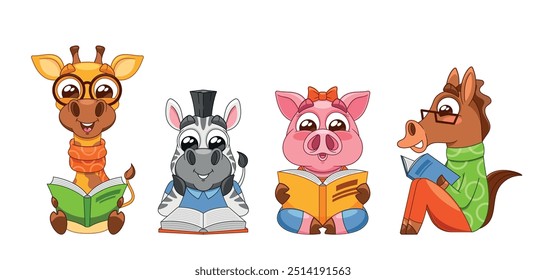 Adorable Cartoon Animals Giraffe, Zebra, Pig And Horse Enjoying Reading Books. Vector Image Captures Educational Moment