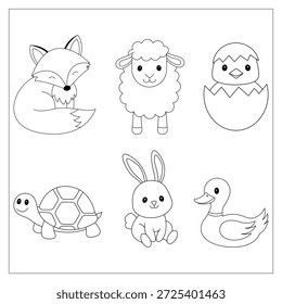 Animales de dibujos animados adorables, incluyendo un zorro, una oveja, un polluelo, una tortuga, un conejo y un pato, ilustrados en líneas negras sobre un fondo limpio.