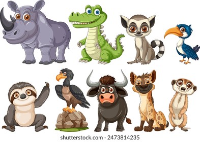 Adorable cartoon animals from jungle and savanna