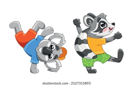 Adoráveis Animais de Desenho Animado Koala e Guaxinim Deliciosamente Dançando Em Traje Colorido, Exibindo Alegria E Brincalhão