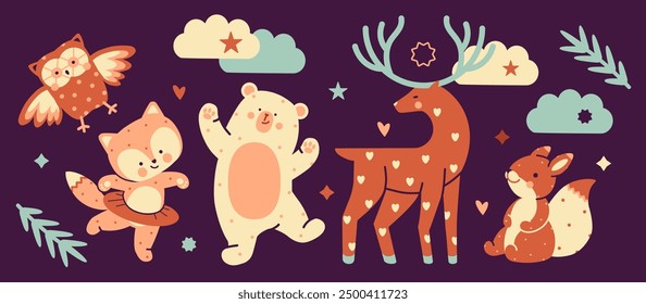 Adorable cartoon animals: owl, fox, bear, deer, and squirrel. Isolated vector set. Simple funny naive Nursery collection. Cute whimsical Nordic animal cubs. Hand drawn scandi printable clipart