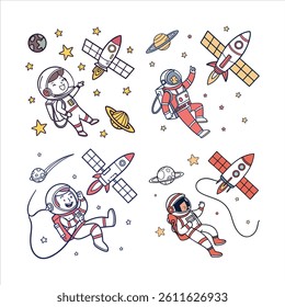 Adorable cartoon astronaut floating in space with a satellite and rocket. Perfect science-themed vector icon for space lovers, digital art, and educational or creative projects.
