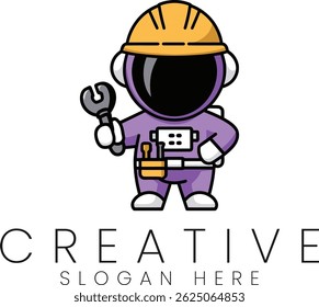 Adorable cartoon astronaut mechanic ready for repair work wrench tools cute purple illustration
