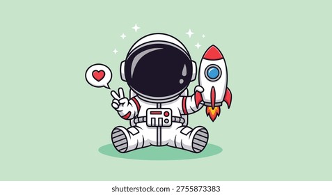 Adorable cartoon astronaut sitting with a small rocket and making a peace sign with a heart bubble.