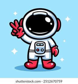 Adorable cartoon astronaut in white spacesuit, black helmet, with peace hand sign, red gloves and boots. Playful,fun vibe. ideal for children's content.