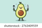 Adorable cartoon avocado holding a fork and knife, smiling brightly, ready for a meal, on a light blue background.
