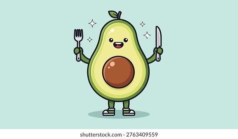 Adorable cartoon avocado holding a fork and knife, smiling brightly, ready for a meal, on a light blue background.