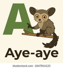 Adorable cartoon aye-aye sitting on a branch next to a large green letter A. Perfect for kids' animal alphabet, flashcards, posters, or early education material. Isolated on light background.