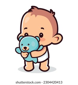 Adorable Cartoon baby character playing with a teddy bear. Isolated baby character vector illustration. Baby icon and symbol for diaper brand social media poster, banner, template