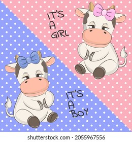 Adorable Cartoon baby Cow boy and girl. Graphic element for print design, greeting card, poster and t-shirt. Vector illustration.