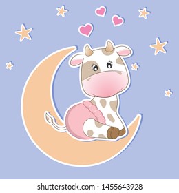 Adorable cartoon baby Cow in a pink diaper sitting moon  and smiling. Graphic element for print design, greeting card, poster and t-shirt. Vector illustration.