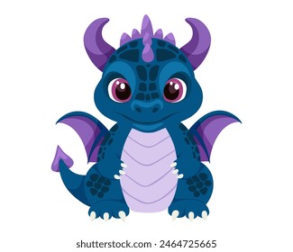 Adorable Cartoon Baby Dragon with a Playful Expression on a White Background. Chinese New Year. Baby fire dragon or dinosaur cute character isolated vector. Fairytale monster