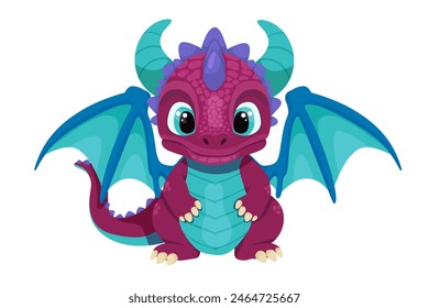 Adorable Cartoon Baby Dragon with a Playful Expression on a White Background. Chinese New Year. Baby fire dragon or dinosaur cute character isolated vector. Fairytale monster