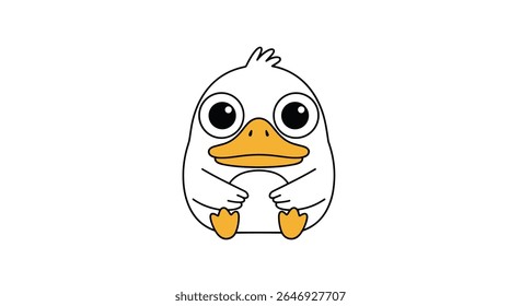 Adorable Cartoon Baby Duckling with Big Round Eyes and Orange Beak Sitting Quietly on a White Background