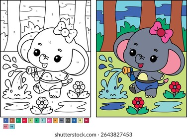 Adorable cartoon baby elephant happily playing with water from its trunk in a sunny park scene. Color by number outline and vibrant colored illustration for children's books, games, or activities.