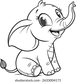 Adorable cartoon baby elephant sitting with trunk up, outlined in black and white. Great for coloring books and kids' designs.