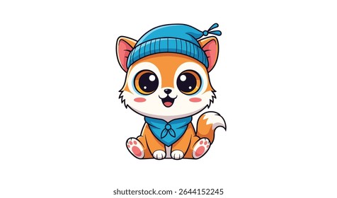 Adorable Cartoon Baby Fox with Big Eyes Wearing a Blue Hat and Scarf