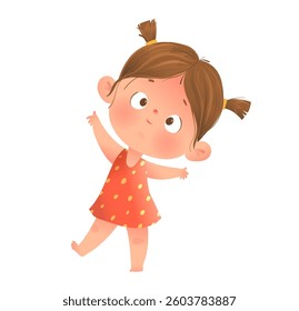 Adorable Cartoon Baby Girl in Polka Dot Dress in Greeting Pose. Happy cute girl child character design for kids. Fun colorful vector cartoon illustration for children.