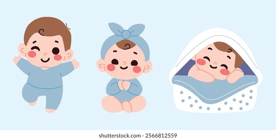 Adorable Cartoon Baby Illustrations Playing Sitting Sleeping in Crib