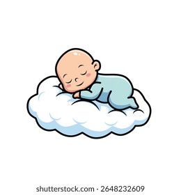 Adorable cartoon baby peacefully sleeping on a soft white cloud. Cute infant in blue pajamas, representing innocence, comfort, and peaceful dreams in a dreamy sky setting