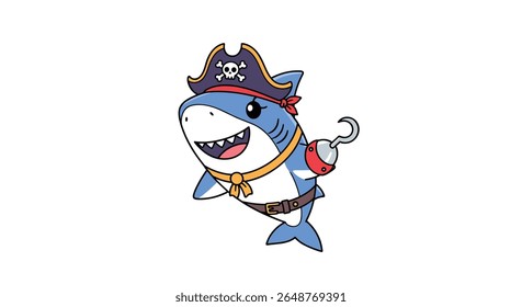 Adorable cartoon baby shark dressed as a swashbuckling pirate with hook and hat