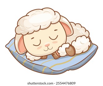 Adorable cartoon baby sheep sleeps on a soft pillow. Illustration in flat style. Vector illustration for poster, greeting card and children's design.