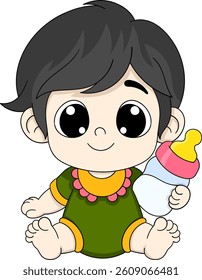 Adorable cartoon baby sitting down and smiling while holding a milk bottle. Dressed in a green outfit with colorful details