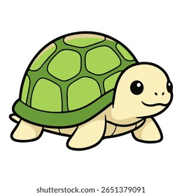 Uma adorável tartaruga bebê desenho animado com uma concha verde, sorrindo alegremente. Caractere réptil bonito. Ilustração vetorial isolada para livros infantis, decoração infantil e logotipos.
