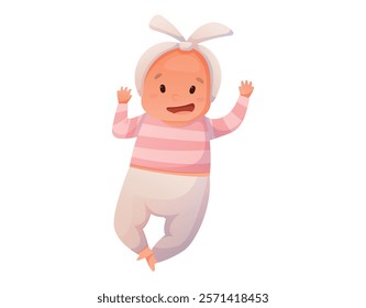 Adorable Cartoon Baby vector isolated Illustration. Cheerful lying Newborn girl Character in Pink Stripes. Perfect for Children Products, Educational Materials, and Parenting Designs