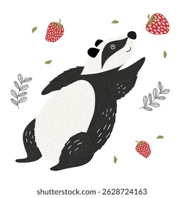 Adorable cartoon badger surrounded by red strawberries and green leaves,