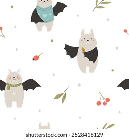 Adorable Cartoon Bats Seamless Pattern for Halloween and Fall. Design for Textile and Wallpaper