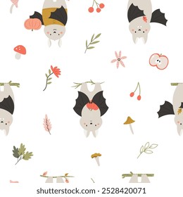 Adorable Cartoon Bats Seamless Pattern for Halloween and Fall. Design for Textile and Wallpaper