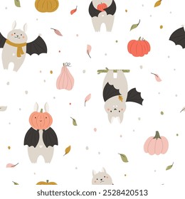 Adorable Cartoon Bats Seamless Pattern for Halloween and Fall. Design for Textile and Wallpaper