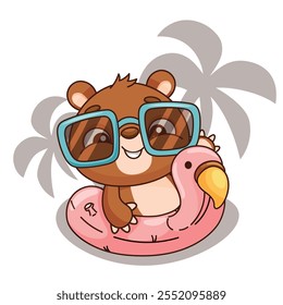 An adorable cartoon bear is blissfully enjoying a sunny day while relaxing on a pink flamingo float in the pool