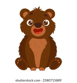 Adorable cartoon bear with brown fur and a happy expression, sitting upright in a playful and friendly pose on white background. Cute Cartoon Bear Sitting Cheerfully