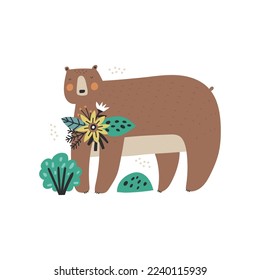 Adorable cartoon bear character with flowers bouquet isolated on white background. Big wild woodland animal vector illustration. Cute forest mammal in scandinavian style. Childish t shirt print design