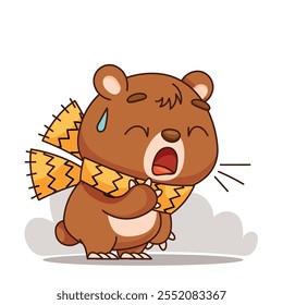 An adorable cartoon bear character is wrapped snugly in a cozy scarf, vividly expressing chilly emotions