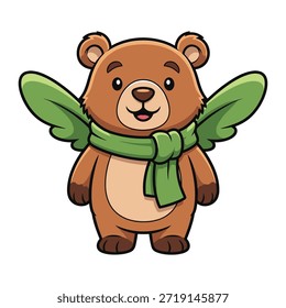 Adorable cartoon bear with a cheerful expression, wearing a green scarf and green wings, standing upright against a white background.