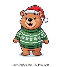 Adorable cartoon bear in Christmas sweater and Santa hat for holiday designs